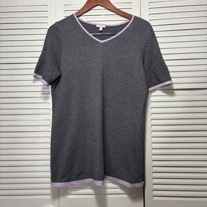 Talbots Striped Contrast Trim Short Sleeve Sweater Top Black & Lavender 1X